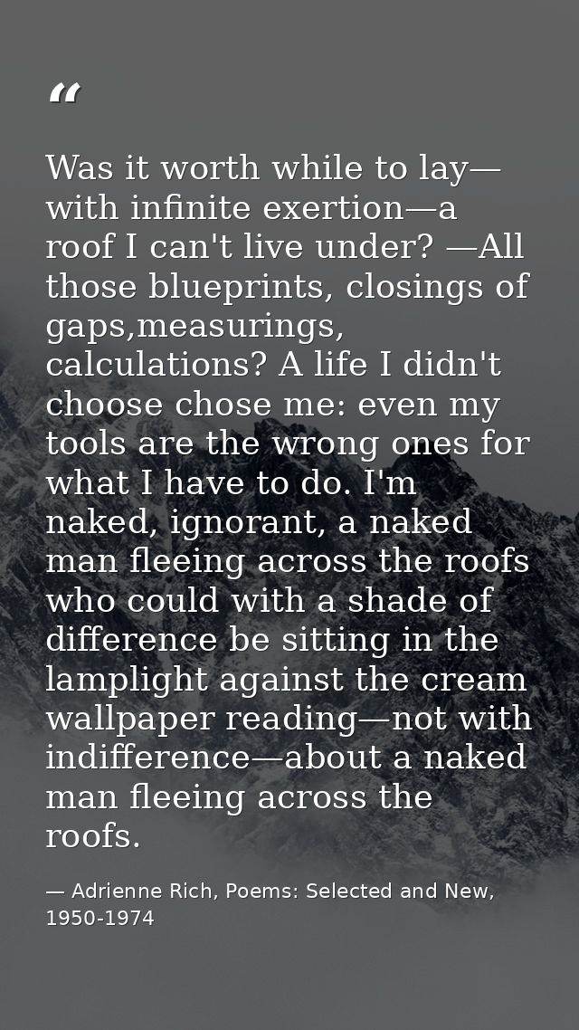 Was it worth while to lay— with infinite exertion—a roof I can't live under? —All those blueprints, closings of gaps,mea — Adrienne Rich, Poems: Selected and New, 1950-1974
