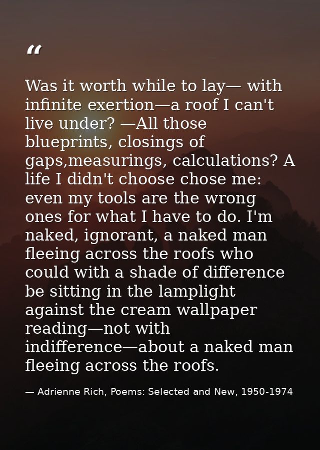 Was it worth while to lay— with infinite exertion—a roof I can't live under? —All those blueprints, closings of gaps,mea — Adrienne Rich, Poems: Selected and New, 1950-1974