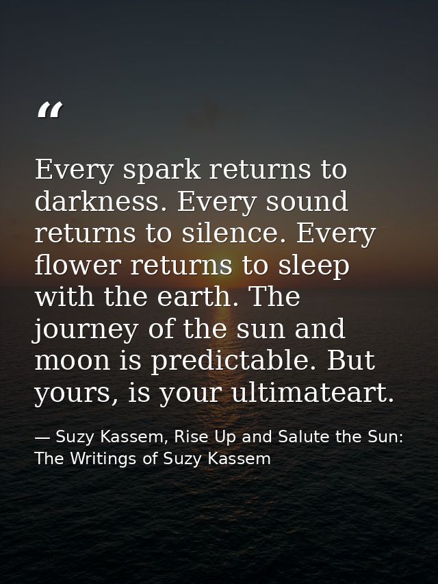 Every spark returns to darkness. Every sound returns to silence. Every flower returns to sleep with the earth. The journ — Suzy Kassem, Rise Up and Salute the Sun: The Writings of Suzy Kassem