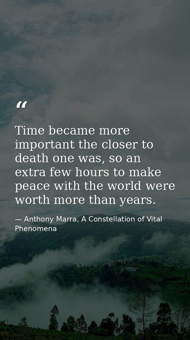 Time became more important the closer to death one was, so an extra few hours to make peace with the world were worth mo — Anthony Marra, A Constellation of Vital Phenomena