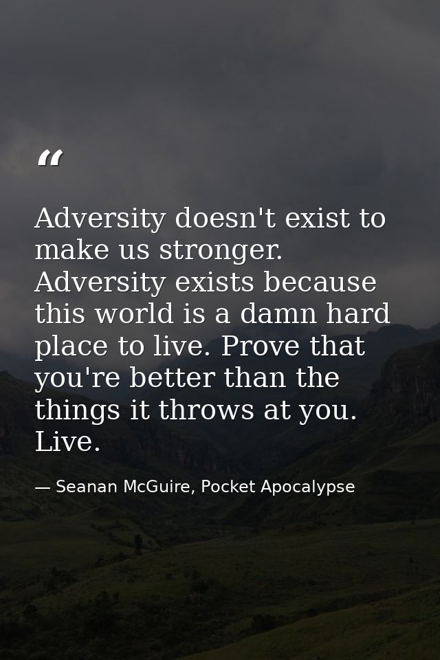 Adversity doesn't exist to make us stronger. Adversity exists because this world is a damn hard place to live. Prove tha — Seanan McGuire, Pocket Apocalypse