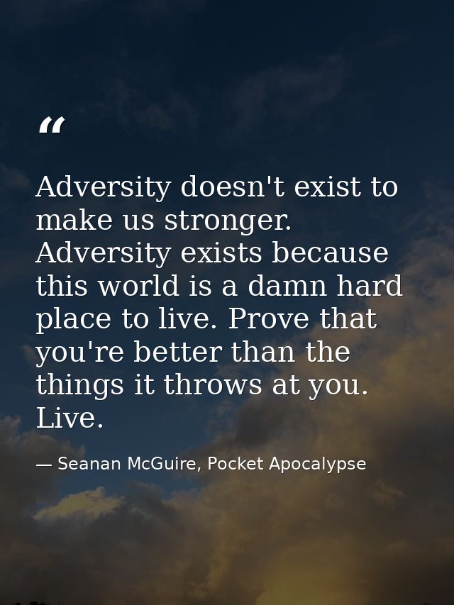 Adversity doesn't exist to make us stronger. Adversity exists because this world is a damn hard place to live. Prove tha — Seanan McGuire, Pocket Apocalypse