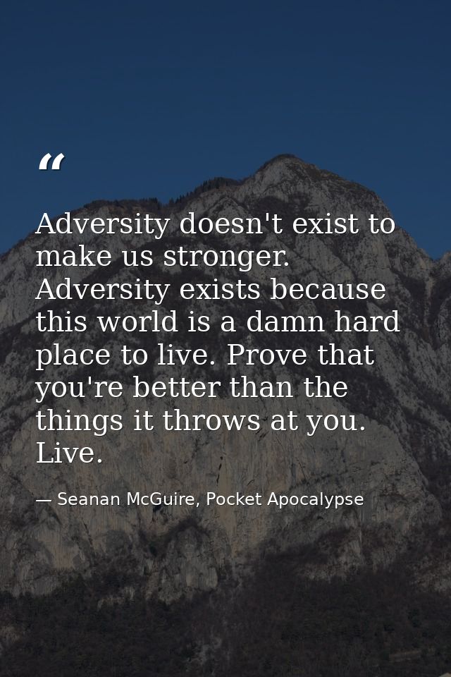 Adversity doesn't exist to make us stronger. Adversity exists because this world is a damn hard place to live. Prove tha — Seanan McGuire, Pocket Apocalypse