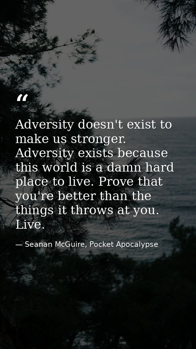 Adversity doesn't exist to make us stronger. Adversity exists because this world is a damn hard place to live. Prove tha — Seanan McGuire, Pocket Apocalypse