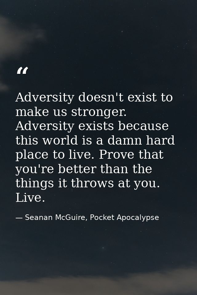 Adversity doesn't exist to make us stronger. Adversity exists because this world is a damn hard place to live. Prove tha — Seanan McGuire, Pocket Apocalypse