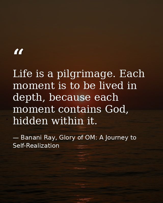 Life is a pilgrimage. Each moment is to be lived in depth, because each moment contains God, hidden within it. — Banani Ray, Glory of OM: A Journey to Self-Realization