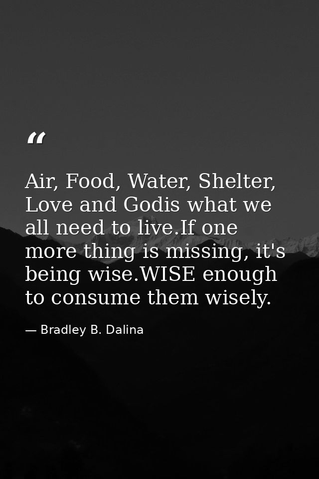 Air, Food, Water, Shelter, Love and Godis what we all need to live.If one more thing is missing, it's being wise.WISE en — Bradley B. Dalina
