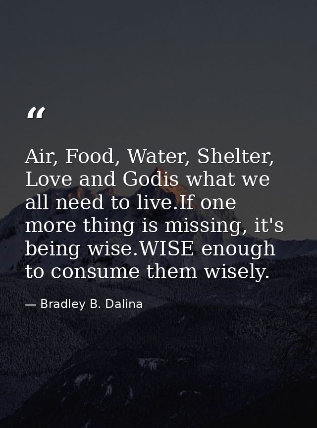 Air, Food, Water, Shelter, Love and Godis what we all need to live.If one more thing is missing, it's being wise.WISE en — Bradley B. Dalina