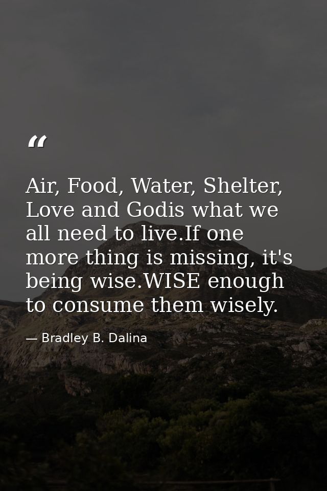 Air, Food, Water, Shelter, Love and Godis what we all need to live.If one more thing is missing, it's being wise.WISE en — Bradley B. Dalina