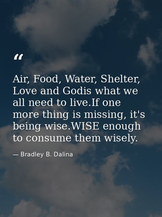 Air, Food, Water, Shelter, Love and Godis what we all need to live.If one more thing is missing, it's being wise.WISE en — Bradley B. Dalina