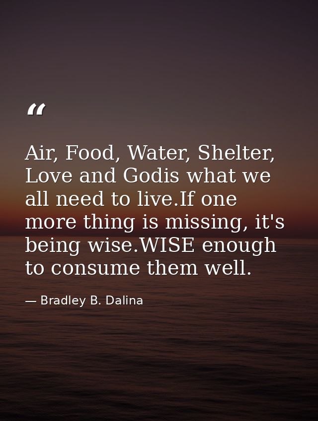Air, Food, Water, Shelter, Love and Godis what we all need to live.If one more thing is missing, it's being wise.WISE en — Bradley B. Dalina