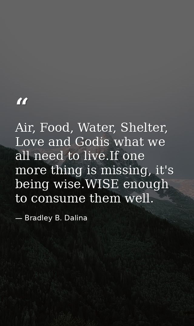Air, Food, Water, Shelter, Love and Godis what we all need to live.If one more thing is missing, it's being wise.WISE en — Bradley B. Dalina