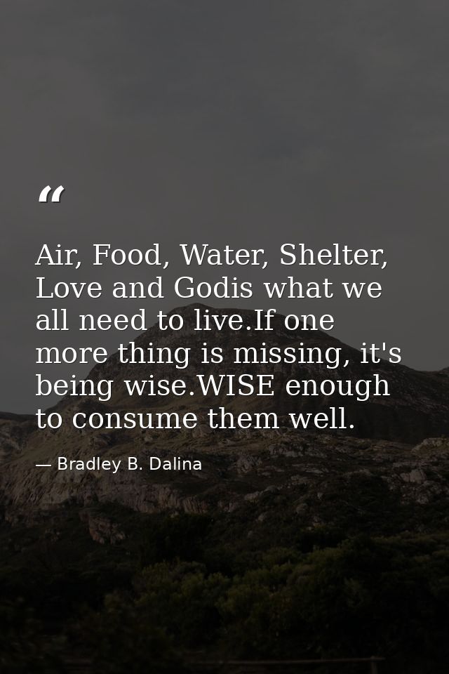 Air, Food, Water, Shelter, Love and Godis what we all need to live.If one more thing is missing, it's being wise.WISE en — Bradley B. Dalina