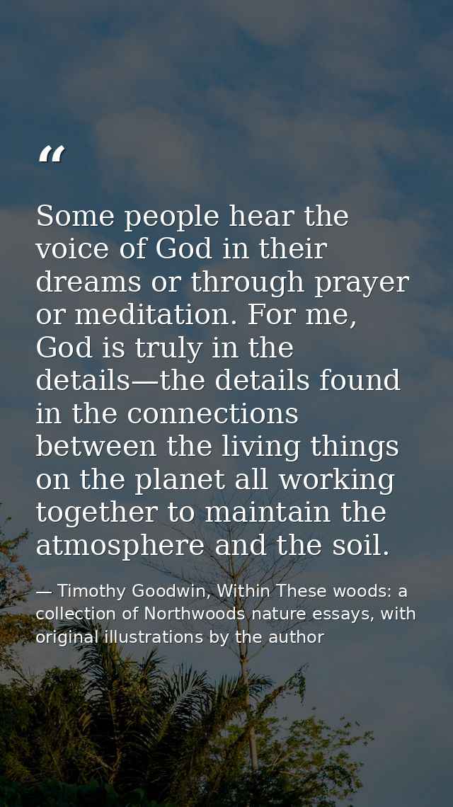 Some people hear the voice of God in their dreams or through prayer or meditation. For me, God is truly in the details—t — Timothy Goodwin, Within These woods: a collection of Northwoods nature essays, with original illustrations by the author