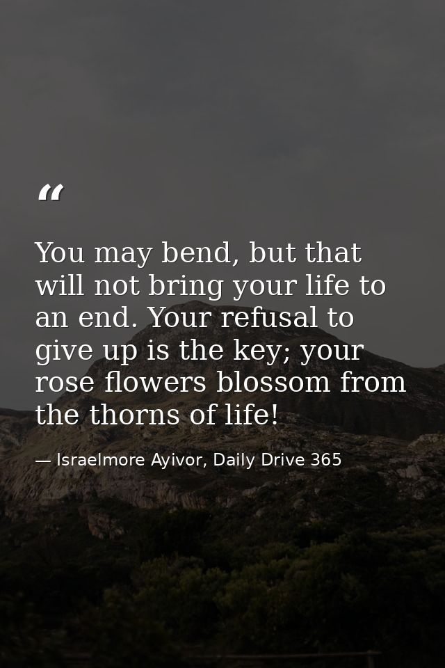 You may bend, but that will not bring your life to an end. Your refusal to give up is the key; your rose flowers blossom — Israelmore Ayivor, Daily Drive 365