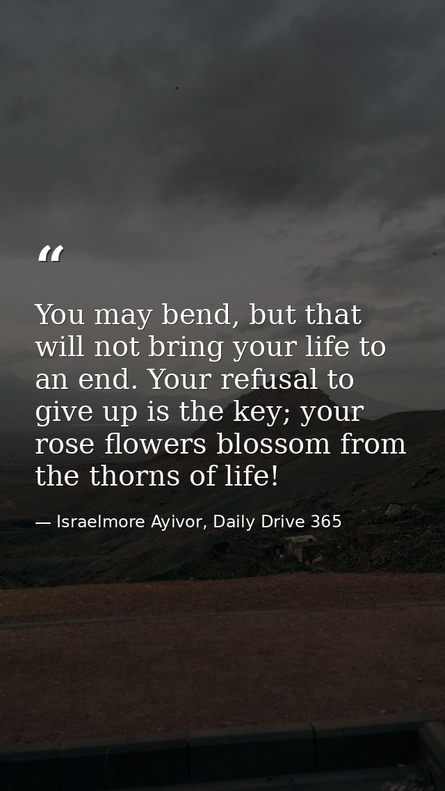 You may bend, but that will not bring your life to an end. Your refusal to give up is the key; your rose flowers blossom — Israelmore Ayivor, Daily Drive 365