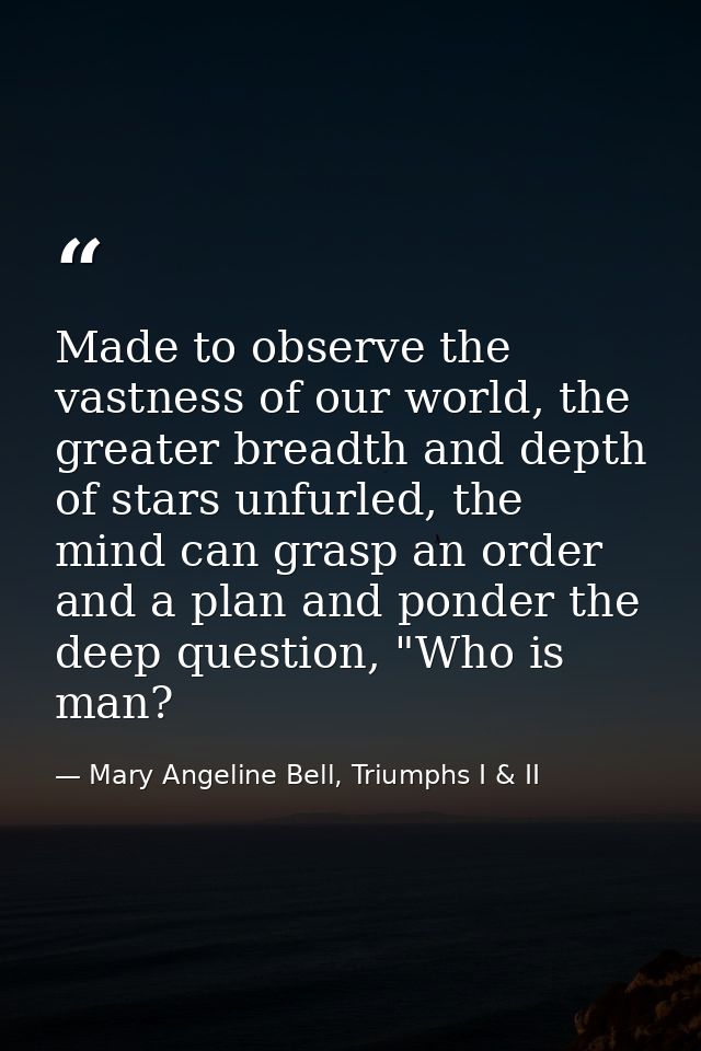 Made to observe the vastness of our world, the greater breadth and depth of stars unfurled, the mind can grasp an order  — Mary Angeline Bell, Triumphs I & II