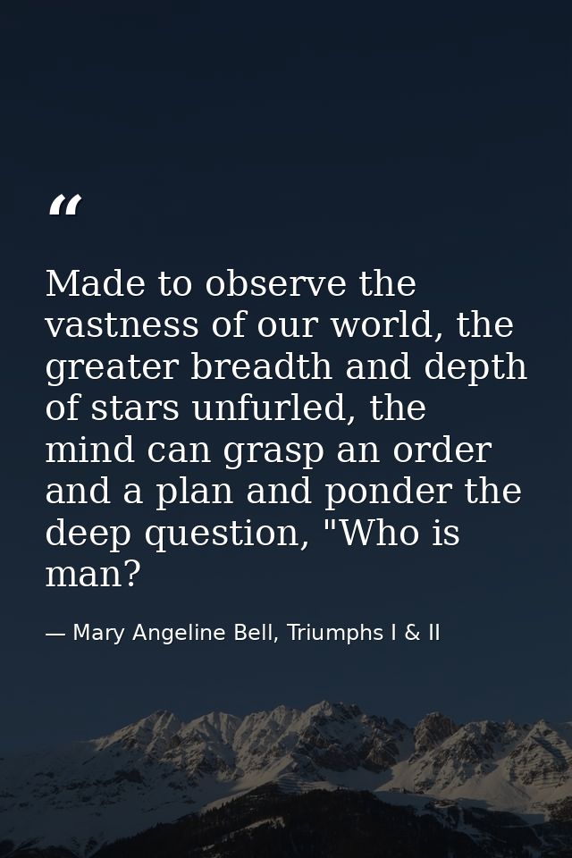 Made to observe the vastness of our world, the greater breadth and depth of stars unfurled, the mind can grasp an order  — Mary Angeline Bell, Triumphs I & II
