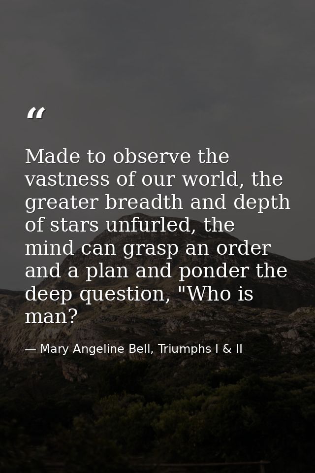 Made to observe the vastness of our world, the greater breadth and depth of stars unfurled, the mind can grasp an order  — Mary Angeline Bell, Triumphs I & II