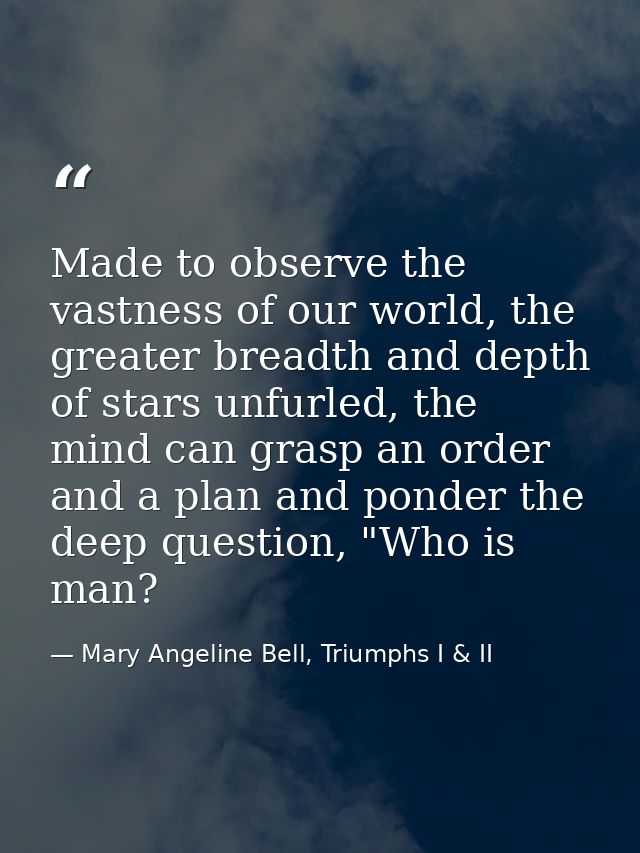 Made to observe the vastness of our world, the greater breadth and depth of stars unfurled, the mind can grasp an order  — Mary Angeline Bell, Triumphs I & II