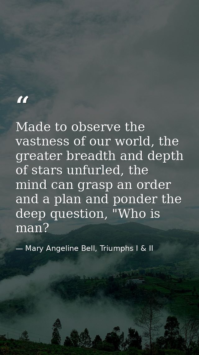 Made to observe the vastness of our world, the greater breadth and depth of stars unfurled, the mind can grasp an order  — Mary Angeline Bell, Triumphs I & II