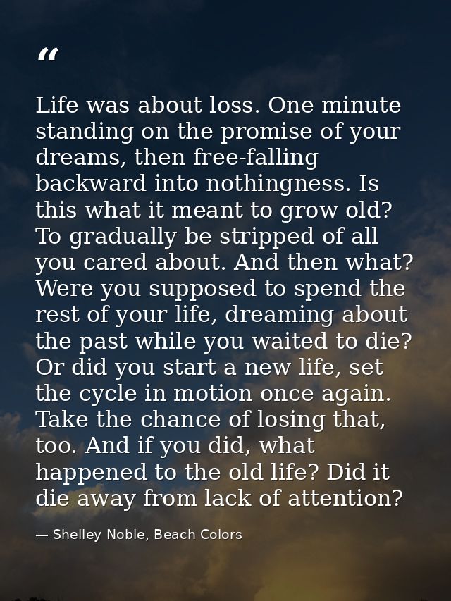 Life was about loss. One minute standing on the promise of your dreams, then free-falling backward into nothingness. Is  — Shelley Noble, Beach Colors