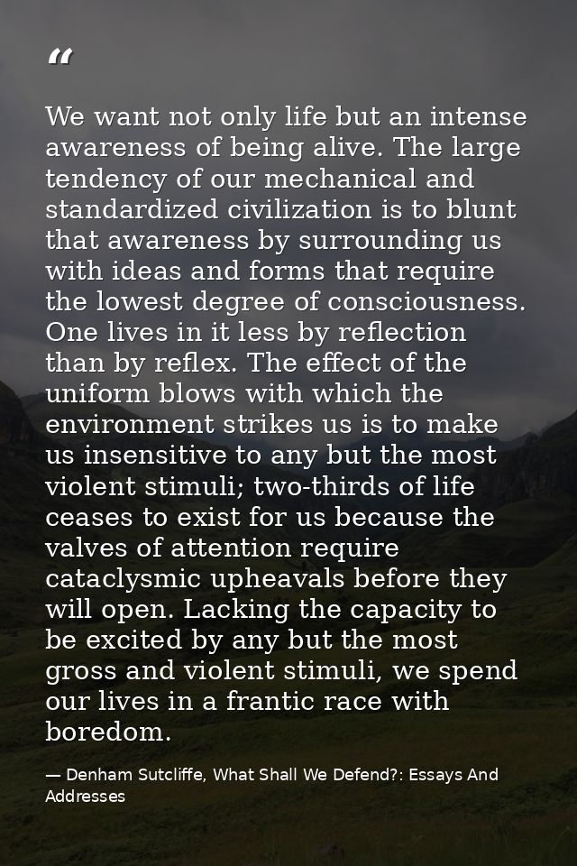 We want not only life but an intense awareness of being alive. The large tendency of our mechanical and standardized civ — Denham Sutcliffe, What Shall We Defend?: Essays And Addresses
