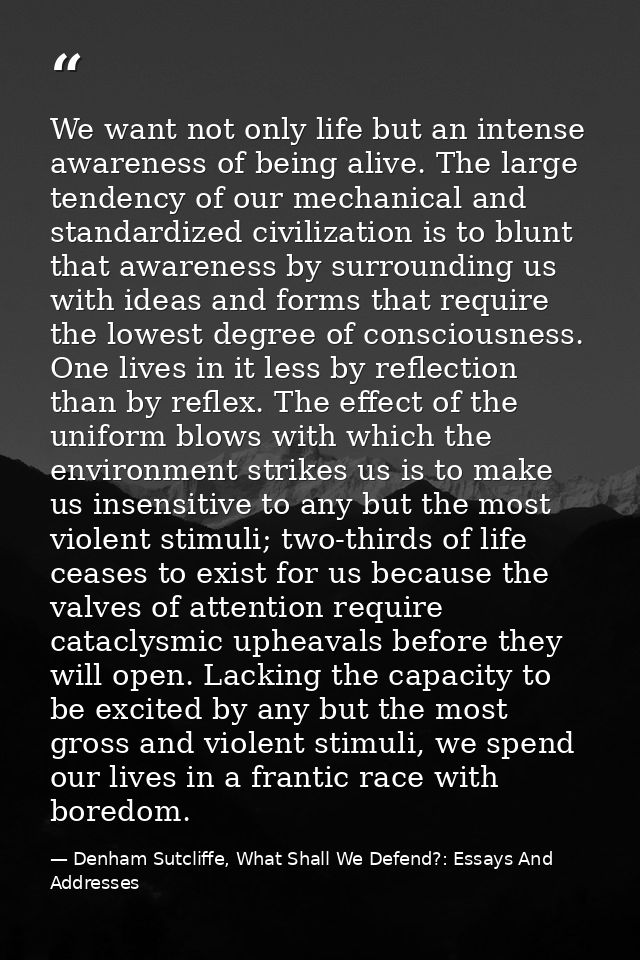 We want not only life but an intense awareness of being alive. The large tendency of our mechanical and standardized civ — Denham Sutcliffe, What Shall We Defend?: Essays And Addresses