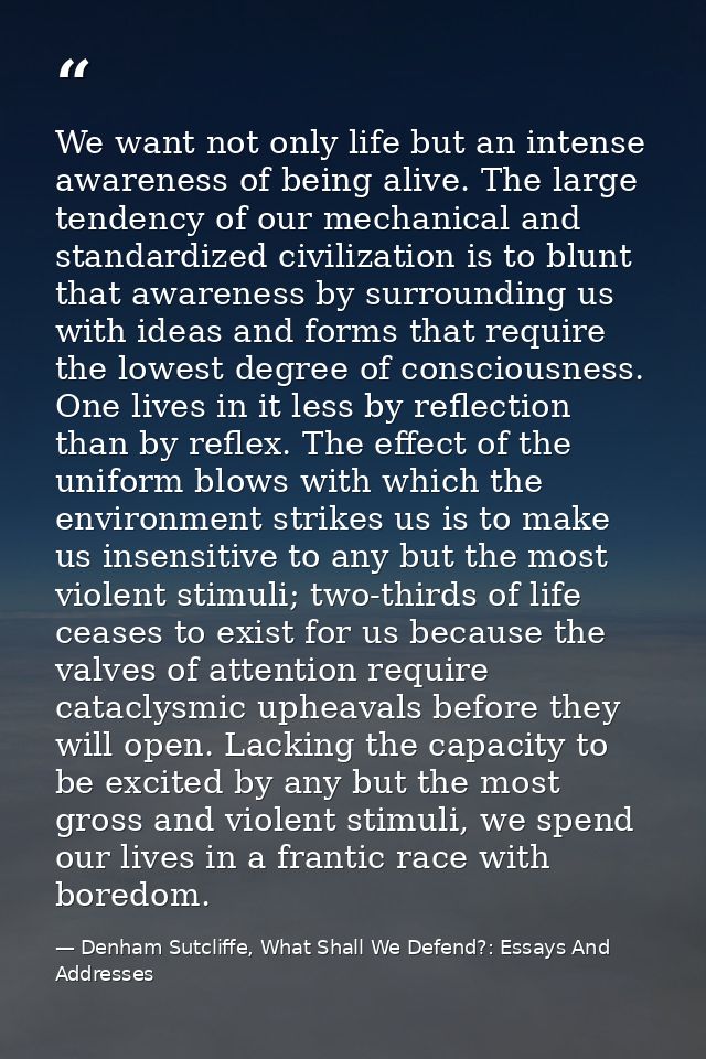 We want not only life but an intense awareness of being alive. The large tendency of our mechanical and standardized civ — Denham Sutcliffe, What Shall We Defend?: Essays And Addresses