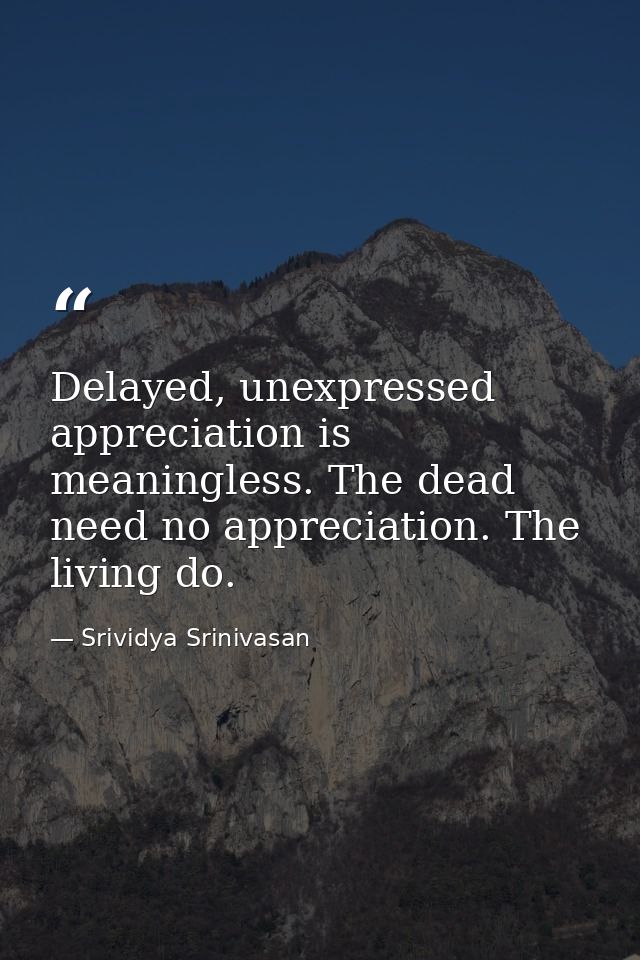 Delayed, unexpressed appreciation is meaningless. The dead need no appreciation. The living do. — Srividya Srinivasan