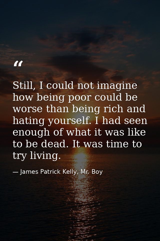 Still, I could not imagine how being poor could be worse than being rich and hating yourself. I had seen enough of what  — James Patrick Kelly, Mr. Boy
