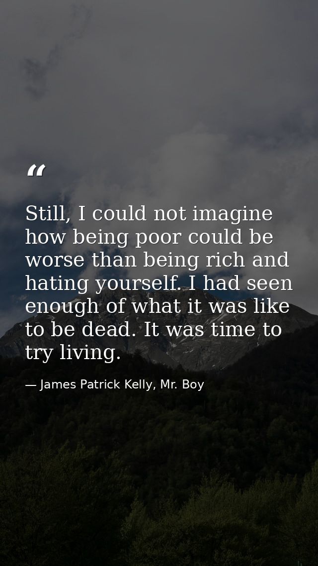 Still, I could not imagine how being poor could be worse than being rich and hating yourself. I had seen enough of what  — James Patrick Kelly, Mr. Boy