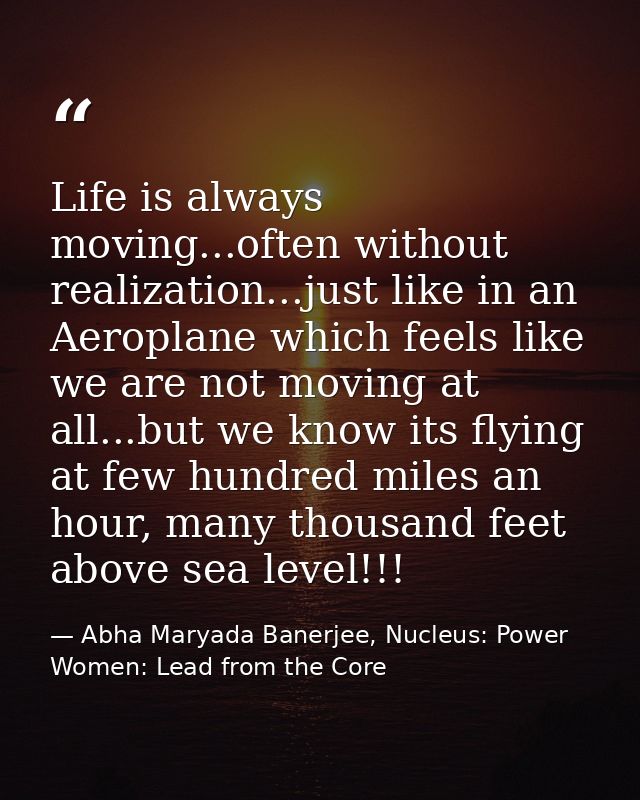 Life is always moving...often without realization...just like in an Aeroplane which feels like we are not moving at all. — Abha Maryada Banerjee, Nucleus: Power Women: Lead from the Core