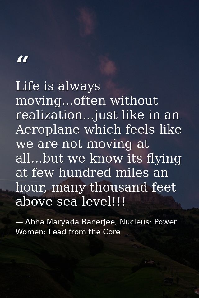 Life is always moving...often without realization...just like in an Aeroplane which feels like we are not moving at all. — Abha Maryada Banerjee, Nucleus: Power Women: Lead from the Core