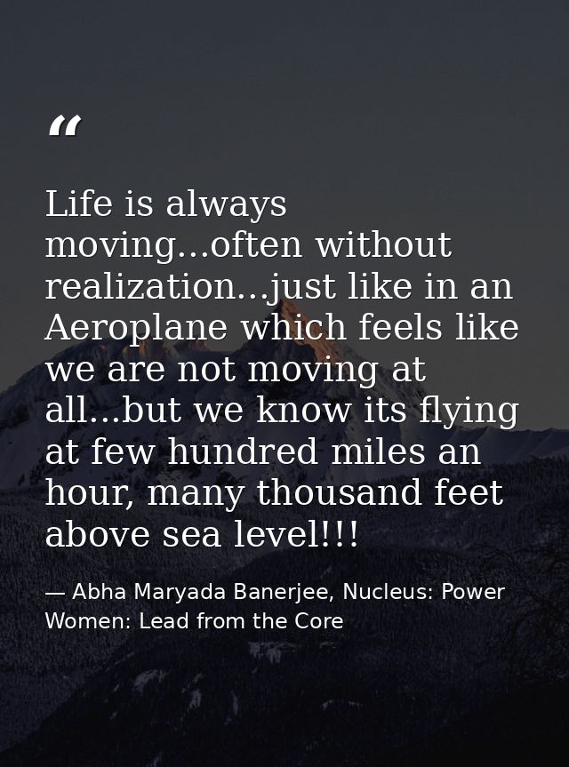 Life is always moving...often without realization...just like in an Aeroplane which feels like we are not moving at all. — Abha Maryada Banerjee, Nucleus: Power Women: Lead from the Core