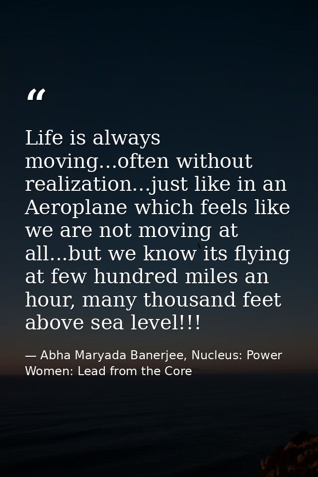 Life is always moving...often without realization...just like in an Aeroplane which feels like we are not moving at all. — Abha Maryada Banerjee, Nucleus: Power Women: Lead from the Core