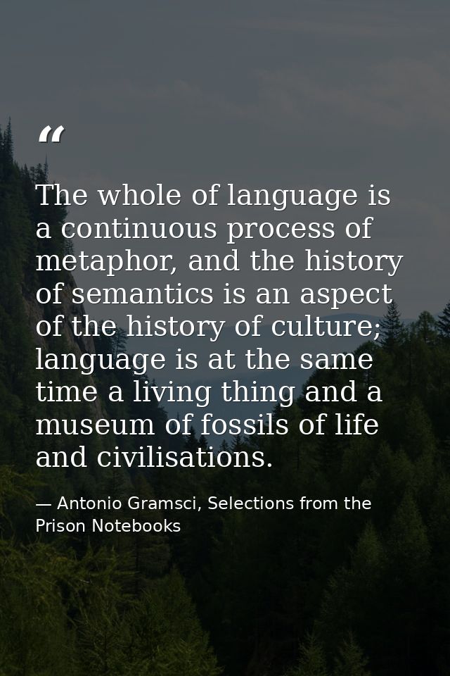 The whole of language is a continuous process of metaphor, and the history of semantics is an aspect of the history of c — Antonio Gramsci, Selections from the Prison Notebooks