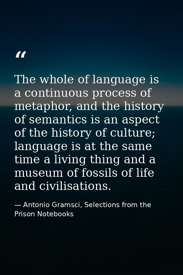 The whole of language is a continuous process of metaphor, and the history of semantics is an aspect of the history of c — Antonio Gramsci, Selections from the Prison Notebooks