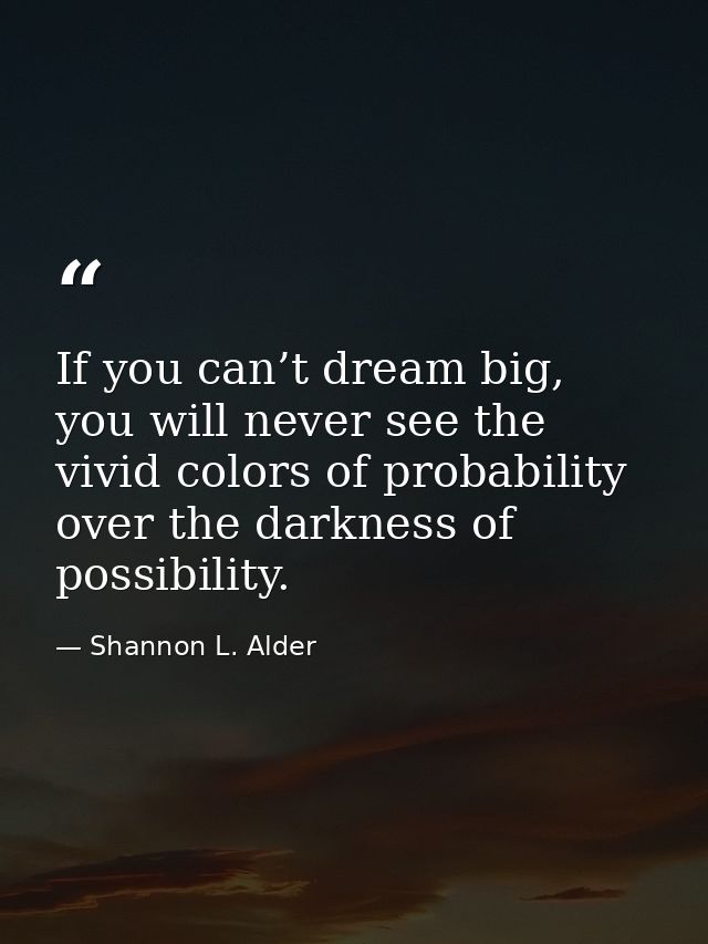 If you can’t dream big, you will never see the vivid colors of probability over the darkness of possibility. — Shannon L. Alder