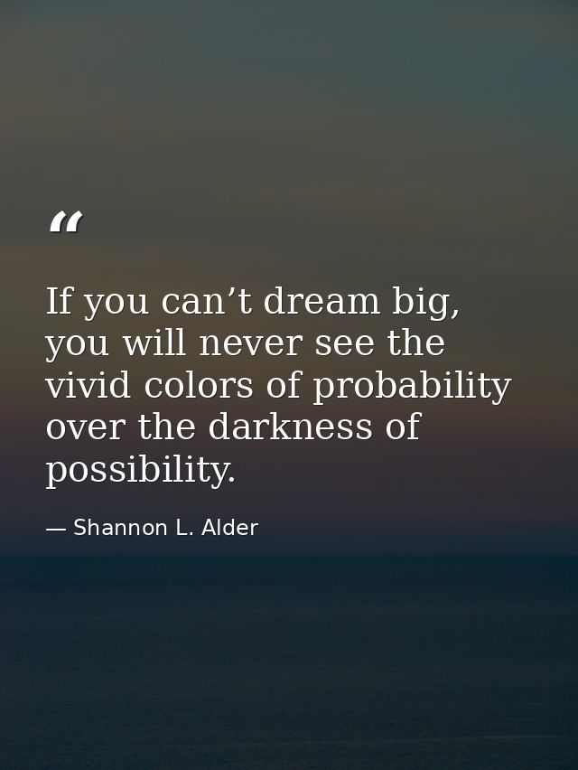If you can’t dream big, you will never see the vivid colors of probability over the darkness of possibility. — Shannon L. Alder