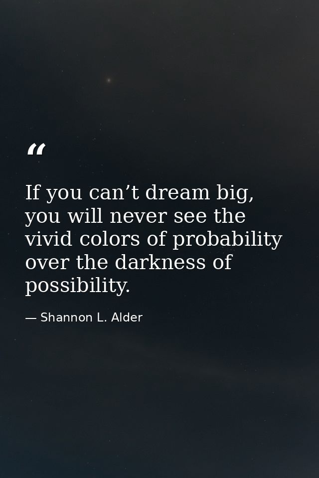 If you can’t dream big, you will never see the vivid colors of probability over the darkness of possibility. — Shannon L. Alder