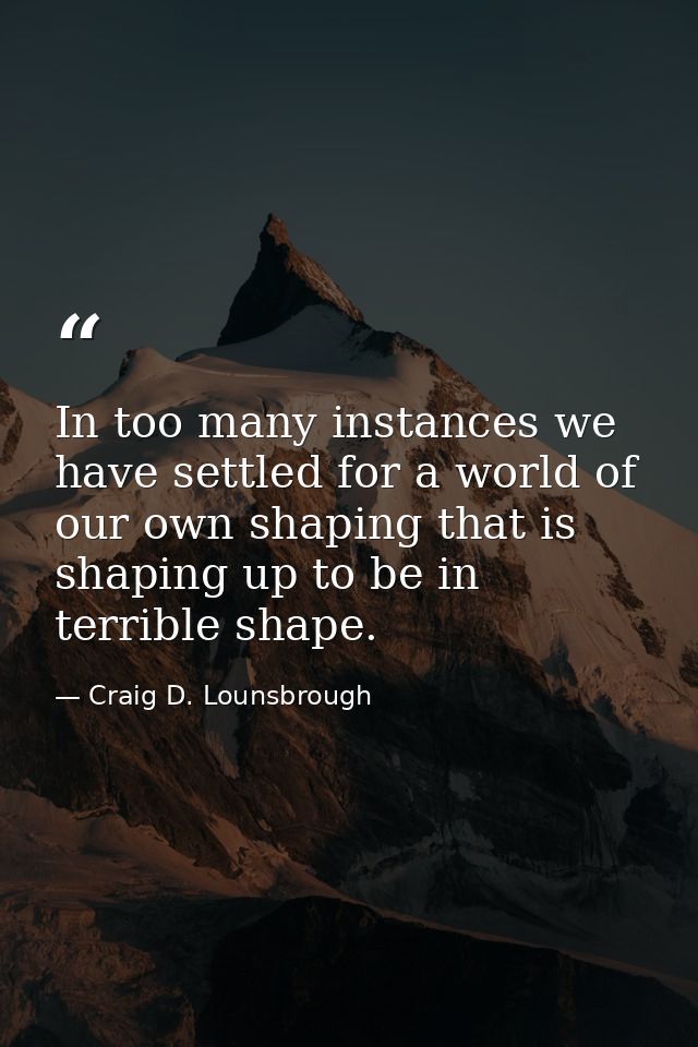 In too many instances we have settled for a world of our own shaping that is shaping up to be in terrible shape. — Craig D. Lounsbrough