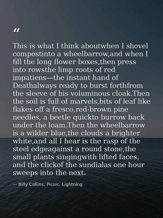 This is what I think aboutwhen I shovel compostinto a wheelbarrow,and when I fill the long flower boxes,then press into  — Billy Collins, Picnic, Lightning