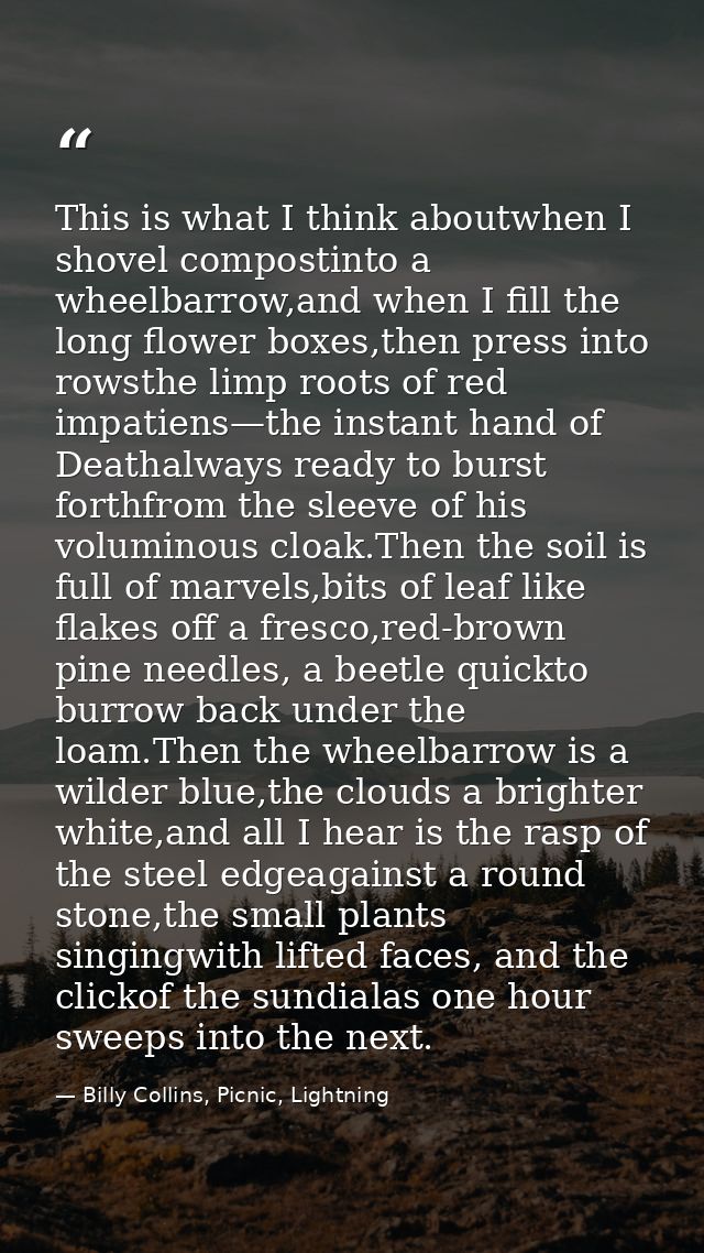 This is what I think aboutwhen I shovel compostinto a wheelbarrow,and when I fill the long flower boxes,then press into  — Billy Collins, Picnic, Lightning