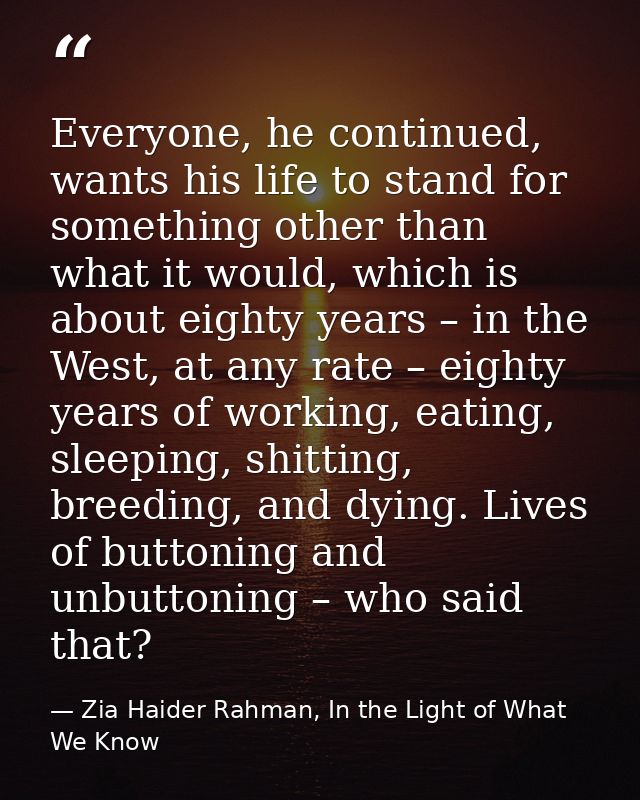 Everyone, he continued, wants his life to stand for something other than what it would, which is about eighty years – in — Zia Haider Rahman, In the Light of What We Know