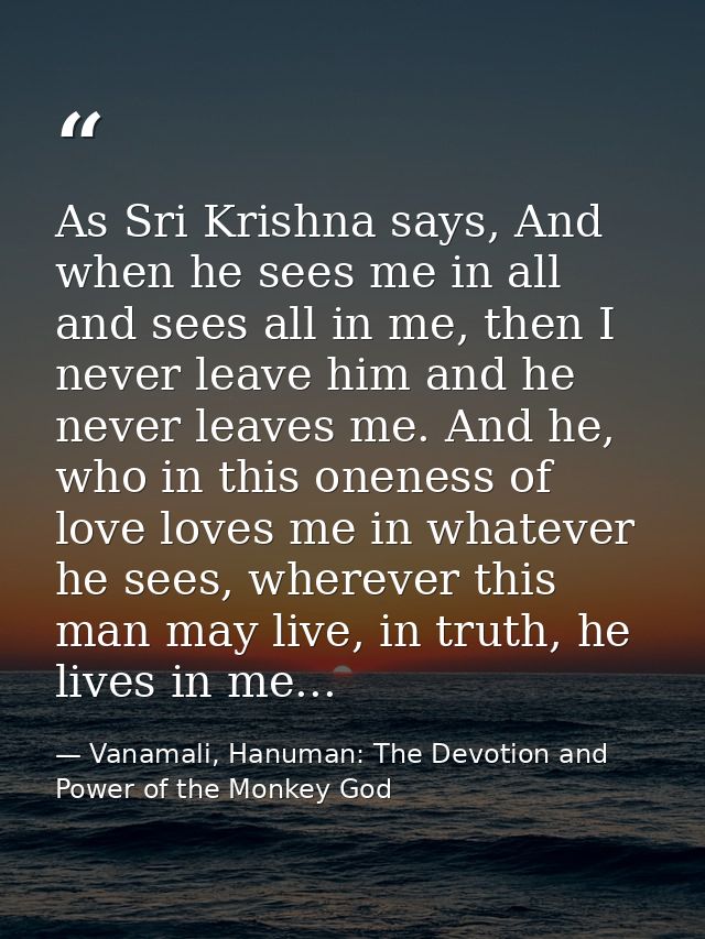 As Sri Krishna says, And when he sees me in all and sees all in me, then I never leave him and he never leaves me. And h — Vanamali, Hanuman: The Devotion and Power of the Monkey God