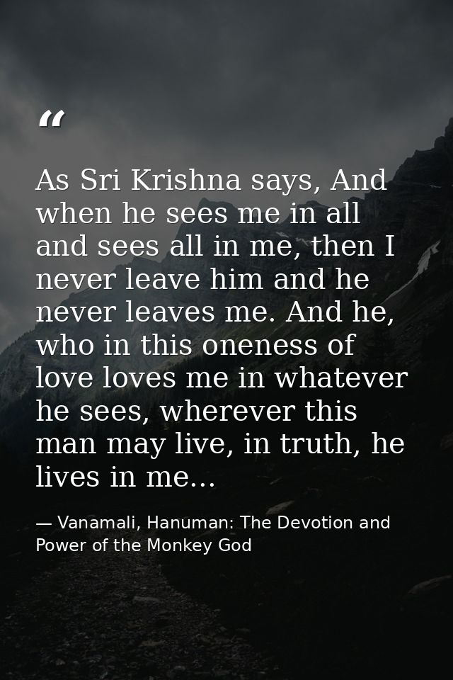As Sri Krishna says, And when he sees me in all and sees all in me, then I never leave him and he never leaves me. And h — Vanamali, Hanuman: The Devotion and Power of the Monkey God