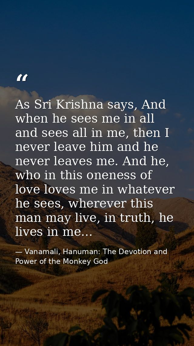 As Sri Krishna says, And when he sees me in all and sees all in me, then I never leave him and he never leaves me. And h — Vanamali, Hanuman: The Devotion and Power of the Monkey God