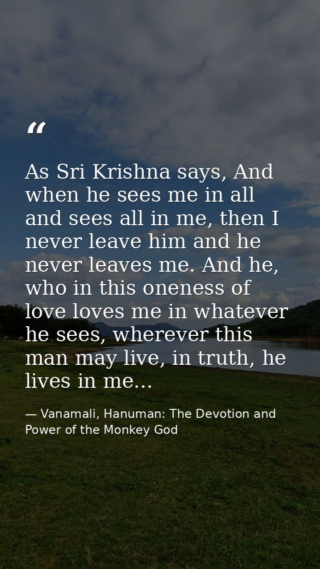 As Sri Krishna says, And when he sees me in all and sees all in me, then I never leave him and he never leaves me. And h — Vanamali, Hanuman: The Devotion and Power of the Monkey God