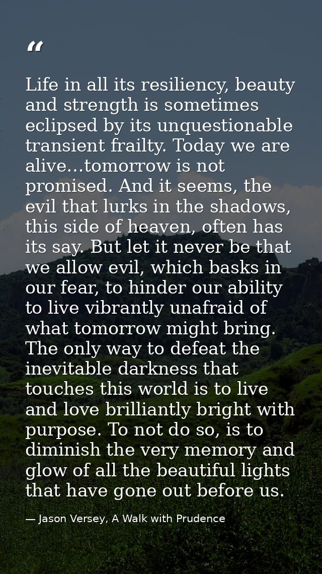 Life in all its resiliency, beauty and strength is sometimes eclipsed by its unquestionable transient frailty. Today we  — Jason Versey, A Walk with Prudence